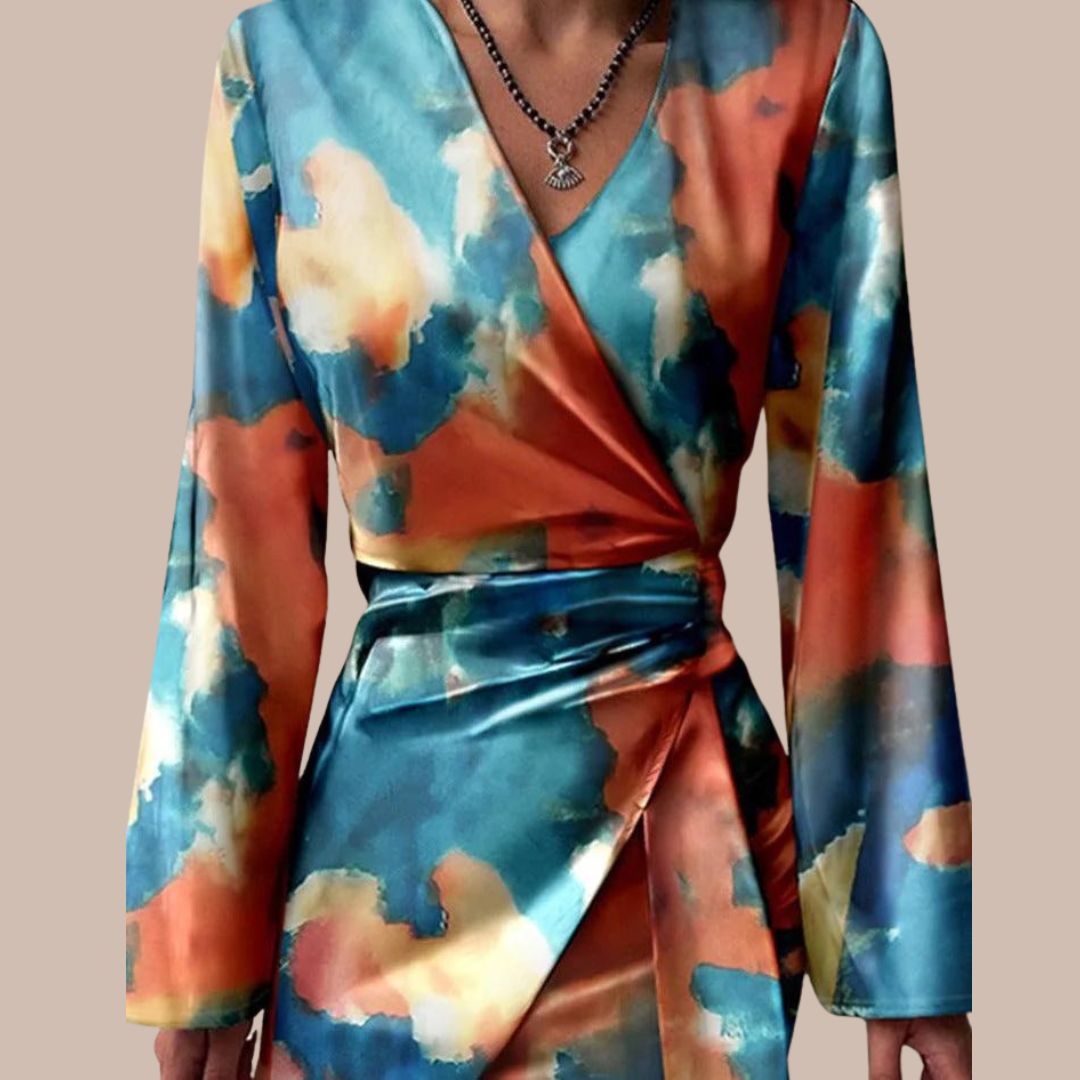 Satin Wrap Dress | Abstract Print with Long Sleeves & Side Tie | Elegant Evening Silhouette