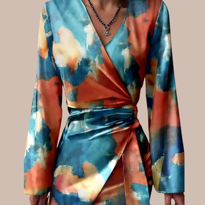 Satin Wrap Dress | Abstract Print with Long Sleeves & Side Tie | Elegant Evening Silhouette