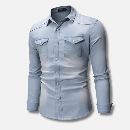 Men's Fitted Denim Shirt | Washed Stretch Cotton | Long Sleeve Western Style