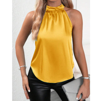 High Neck Satin Halter Top | Sleeveless | Silky Drape