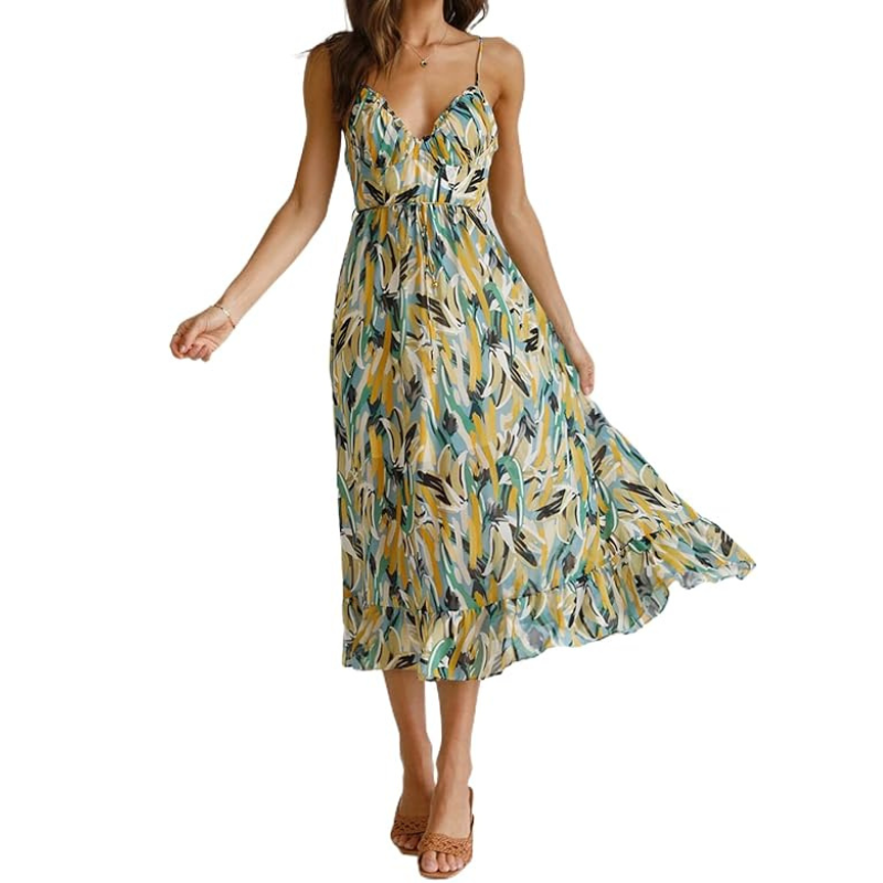 Tropical Print Midi Dress | Lightweight Ruffle Hem | Adjustable Straps