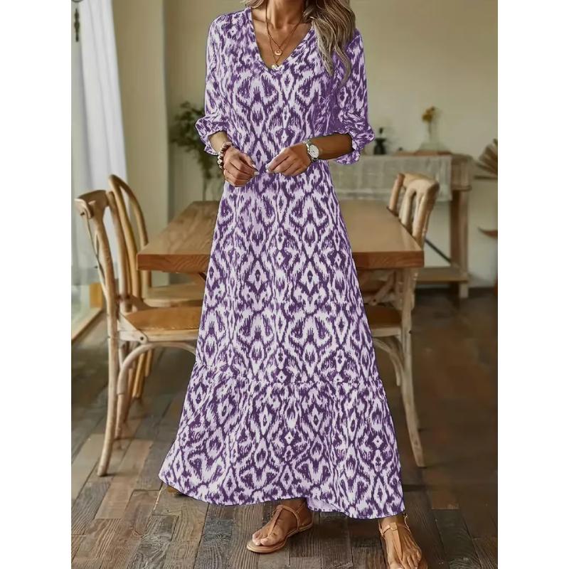 Boho Maxi Dress | Ikat Print | Lightweight V-Neck with Sleeves