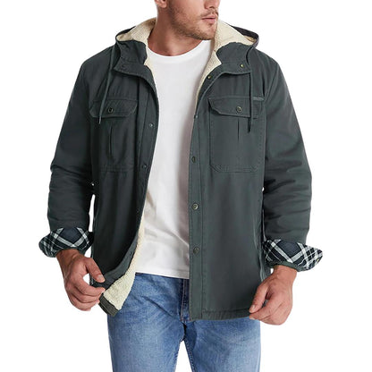 Men's Hooded Canvas Jacket | Sherpa-Lined Workwear Style for Fall & Spring