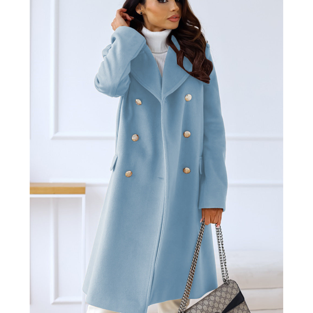 Double-Breasted Long Wool Coat | Tailored Fit with Gold Button Detail | Elegant Winter Outerwear