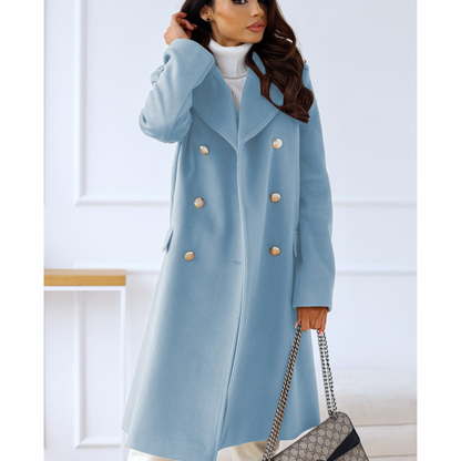 Double-Breasted Long Wool Coat | Tailored Fit with Gold Button Detail | Elegant Winter Outerwear