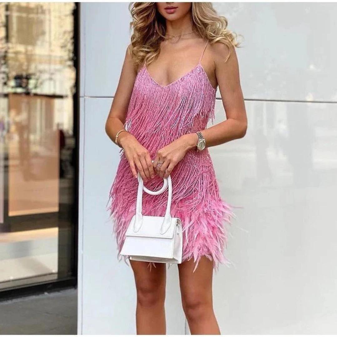 Women's Sequin Feather Mini Dress | Spaghetti Strap Party Dress | Glam Night Out Outfit