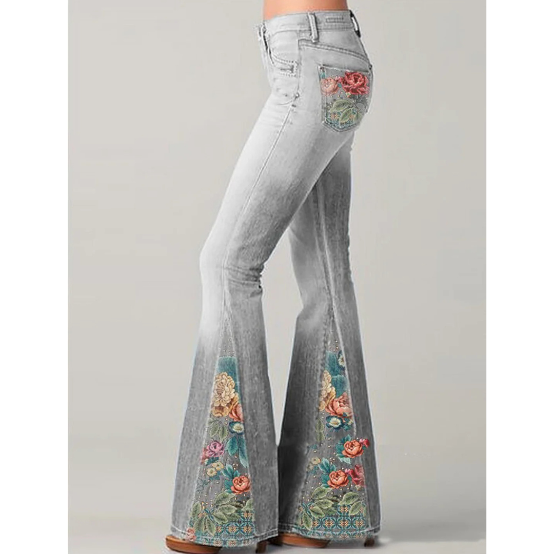 Boho Flared Jeans | Ombre Wash with Floral Embroidery | High-Waist Retro Fit