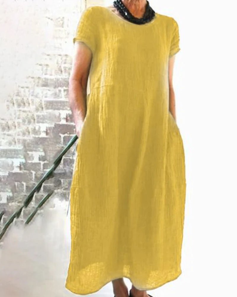 Short Sleeve Linen Midi Dress | Relaxed Fit Summer Essential with Pockets