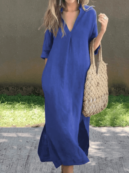 V-Neck Linen Midi Dress | Relaxed Fit | Side Slit Detail