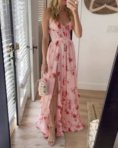 Floral Corset Maxi Dress | Spaghetti Straps | Front Slit Detail
