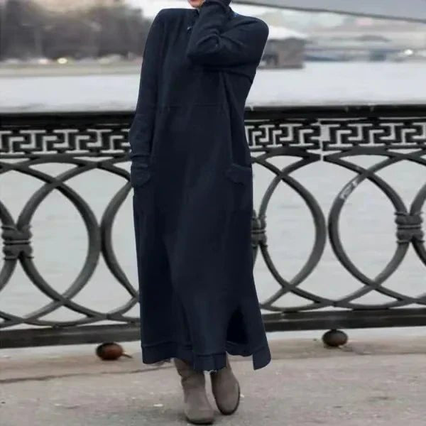 High-Neck Knit Midi Dress | Soft Ribbed Texture with Side Slits and Pockets