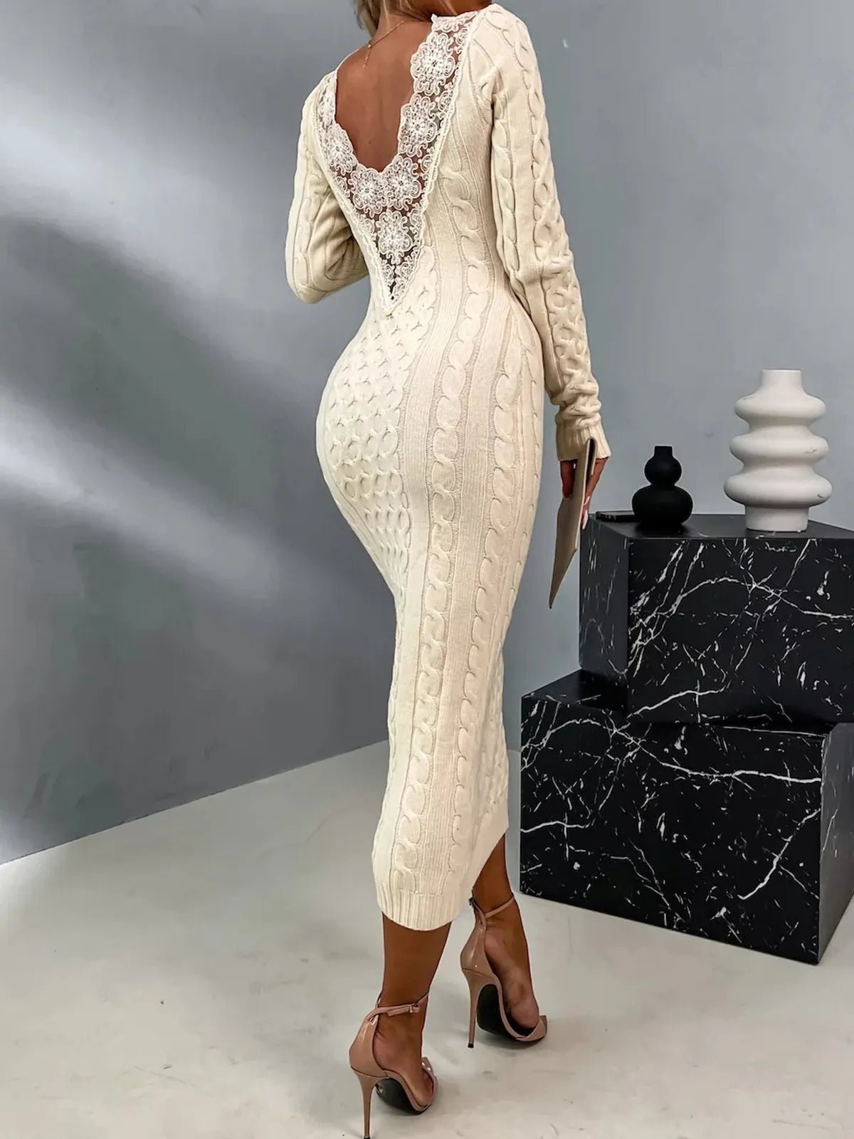 Knit Bodycon Midi Dress | Cable Knit Design | Open Back Detail | Cozy Chic