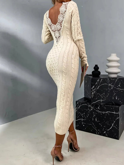 Knit Bodycon Midi Dress | Cable Knit Design | Open Back Detail | Cozy Chic
