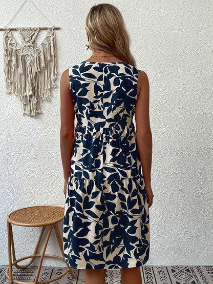 Sleeveless V-Neck Sundress | Tiered A-Line Fit | Navy & Cream Bold Print