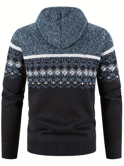 Men’s Zip-Front Knit Hoodie Jacket | Nordic Pattern | Casual Cold-Weather Layer