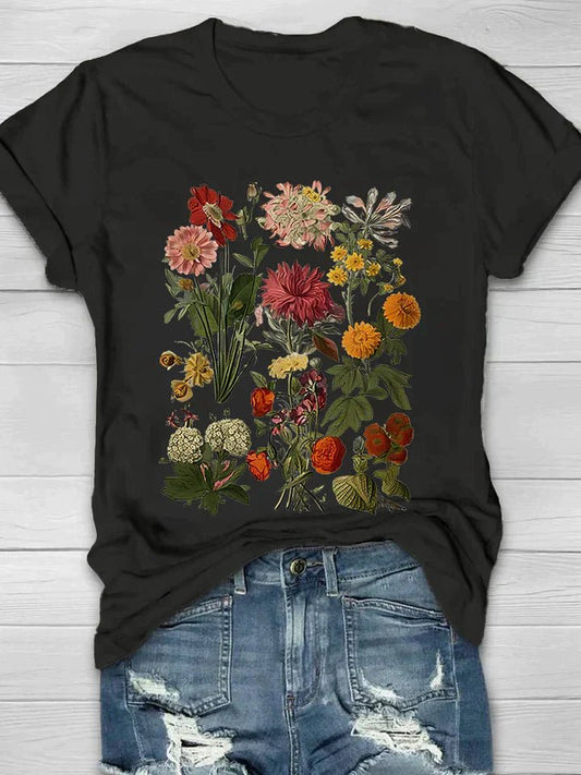 Vintage Botanical Print Tee | Soft Cotton Blend | Relaxed Fit