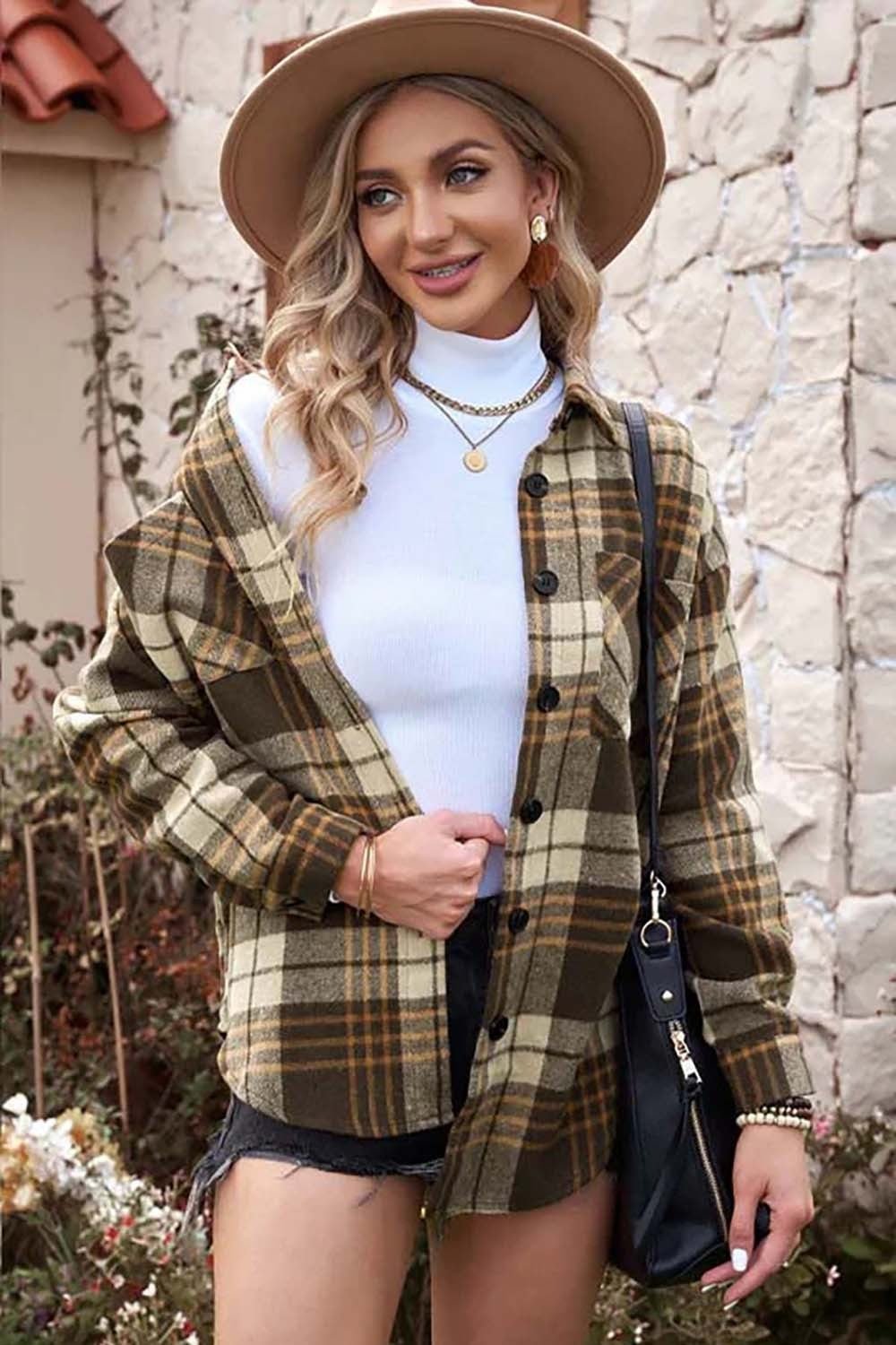 Plaid Button-Down Shacket | Versatile Layering Piece | Polyester Blend | Casual Outerwear