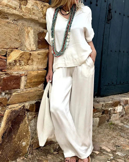 Wide-Leg Satin Lounge Set | V-Neck Top & Relaxed Trousers | Effortless Day-to-Night Look