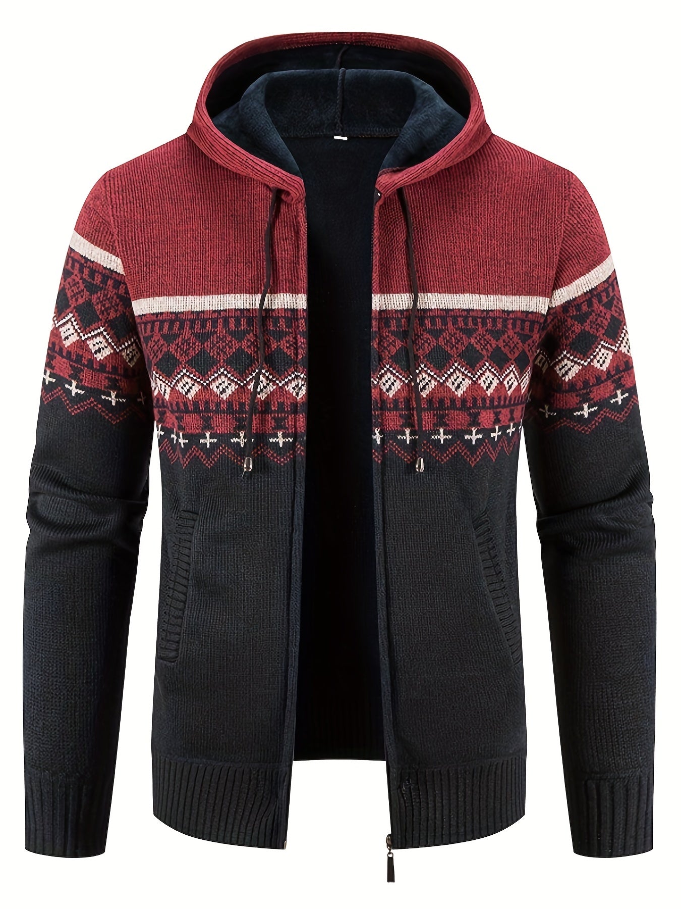 Men’s Zip-Front Knit Hoodie Jacket | Nordic Pattern | Casual Cold-Weather Layer