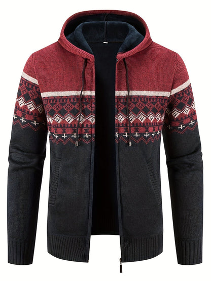 Men’s Zip-Front Knit Hoodie Jacket | Nordic Pattern | Casual Cold-Weather Layer