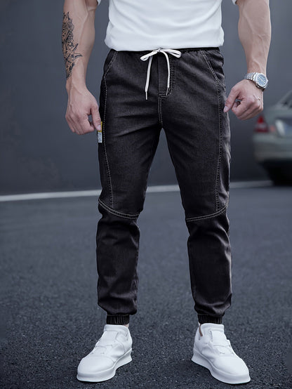 Men’s Drawstring Denim Joggers | Relaxed Fit Streetwear Jeans | Distressed Light Wash