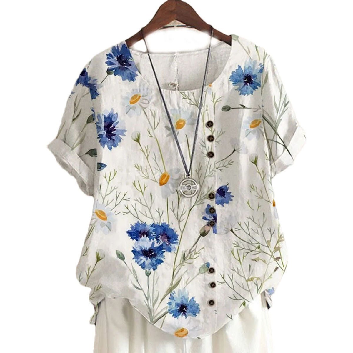 Floral Linen-Blend Short Sleeve Blouse | Casual Summer Top with Side Buttons