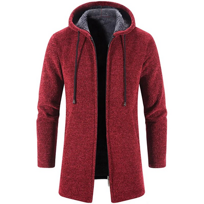 Men’s Longline Hooded Cardigan Jacket | Knit Zip-Up with Drawstring Hood