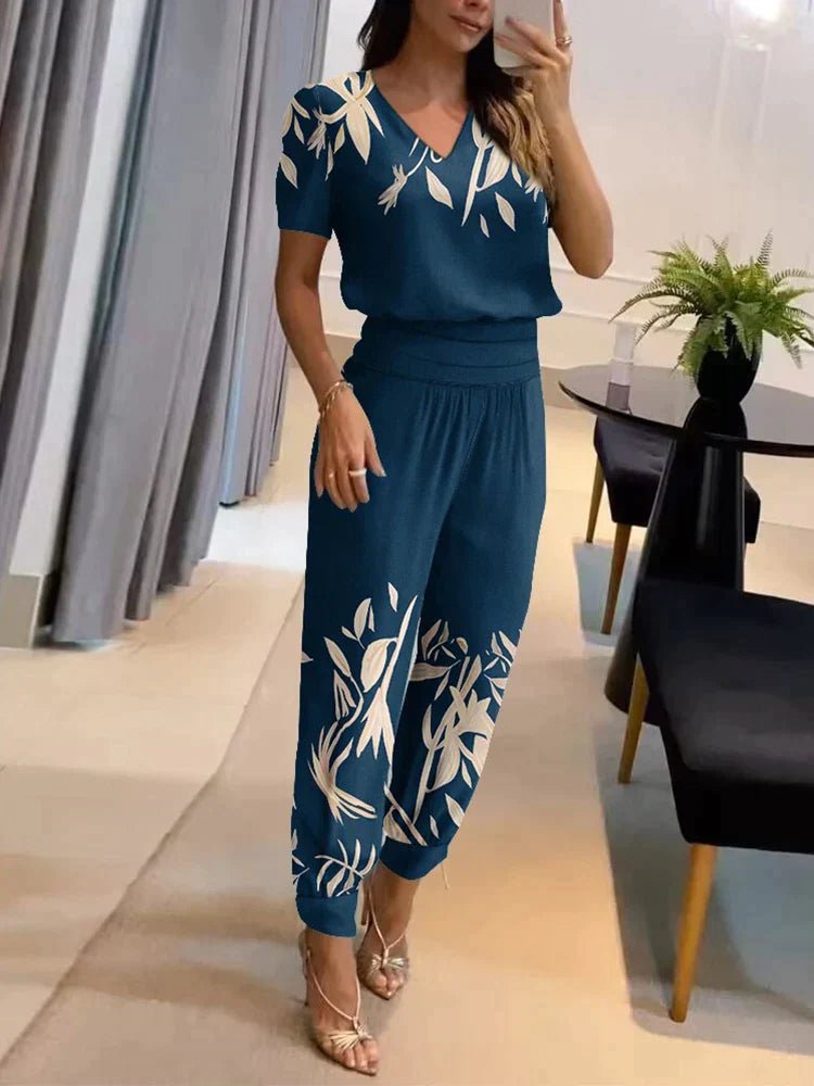 Two-Piece V-Neck Lounge Set | Short Sleeve Top & Jogger Pant | Soft Drape Fit