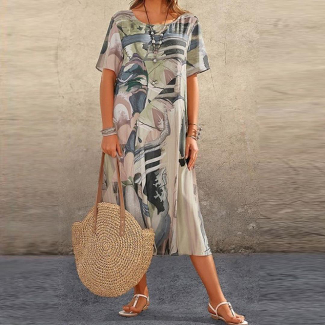 Abstract Print Midi Dress | Loose-Fit Summer Tunic | Lightweight Short Sleeve
