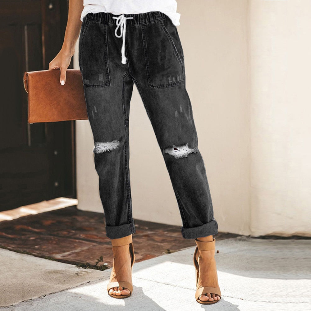 Distressed Denim Jogger Pants | Drawstring Waist Relaxed Jeans | Casual Streetwear Fit