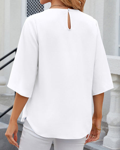 Women's Pleated Round Neck Blouse | Split Sleeve Top | Elegant Workwear Canada