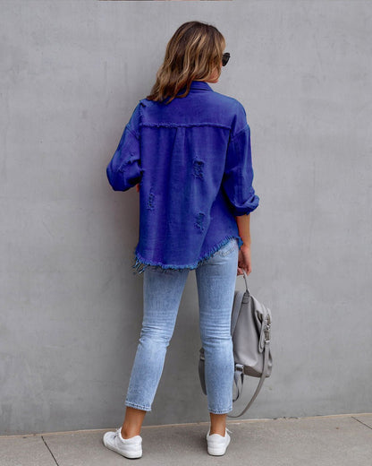 Distressed Denim Shacket | Casual Oversized Fit | Button-Up Style | Trendy Layering