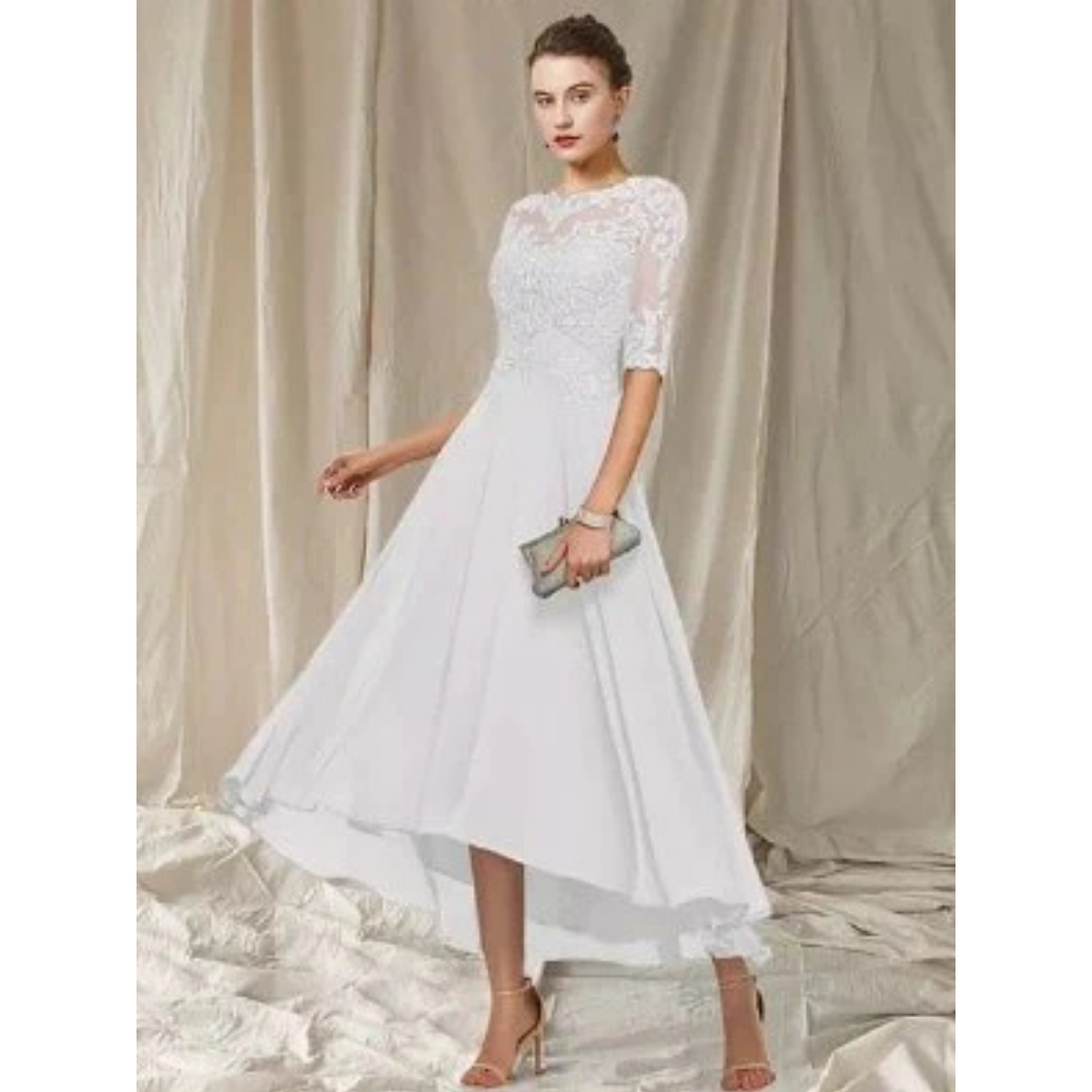 Lace Bodice High-Low Dress | Half Sleeve Chiffon Skirt | Elegant Formal Eveningwear