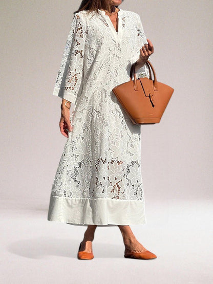 Embroidered Lace Maxi Dress | V-Neckline | Relaxed A-Line Silhouette