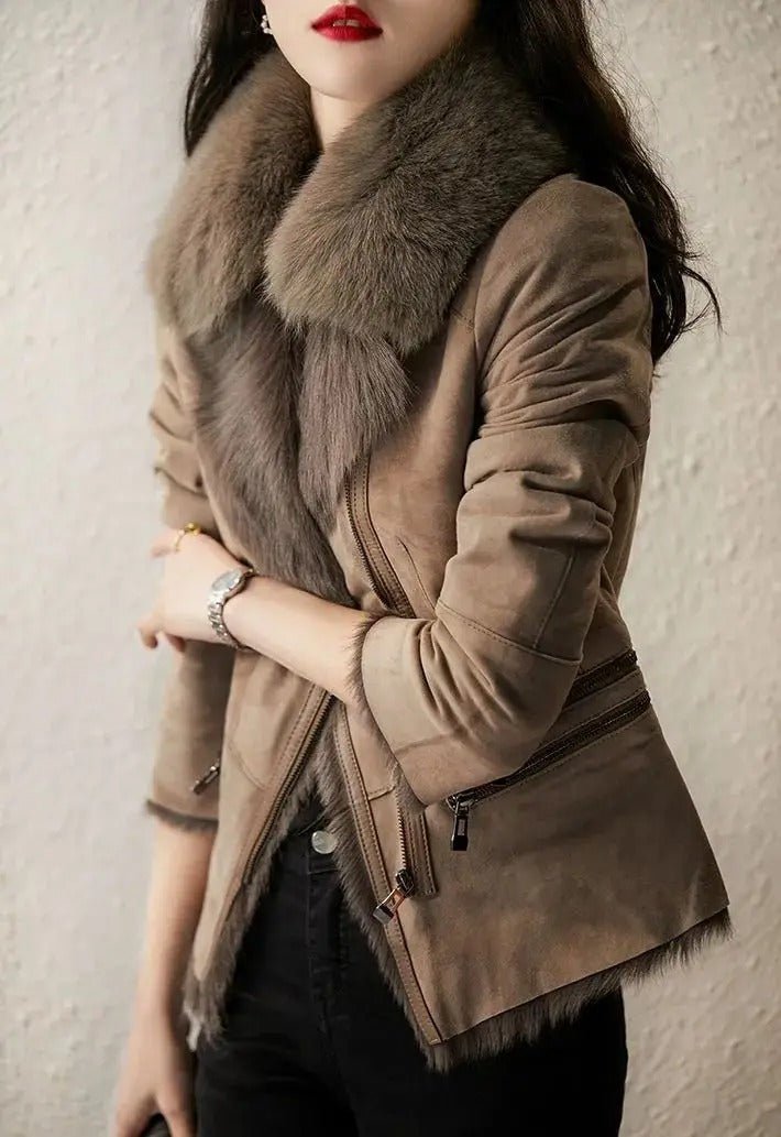 Luxe Faux Fur Collar Jacket | Suede Finish | Elegant Winter Style | Warm Insulated Layer