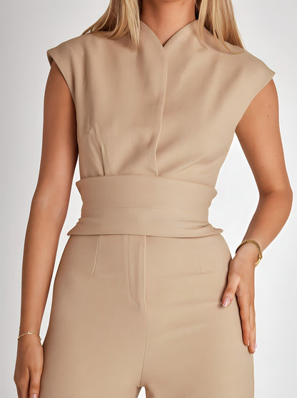 Sleeveless Jumpsuit | Belted Wide-Leg Tailored One-Piece | Chic Formal Daywear