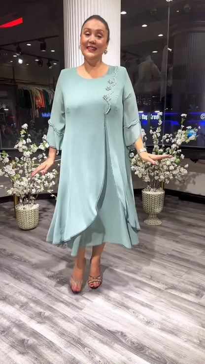 Embellished Chiffon Midi Dress | A-Line Flow | 3/4 Sheer Sleeves