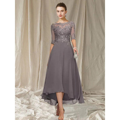 Lace Bodice High-Low Dress | Half Sleeve Chiffon Skirt | Elegant Formal Eveningwear