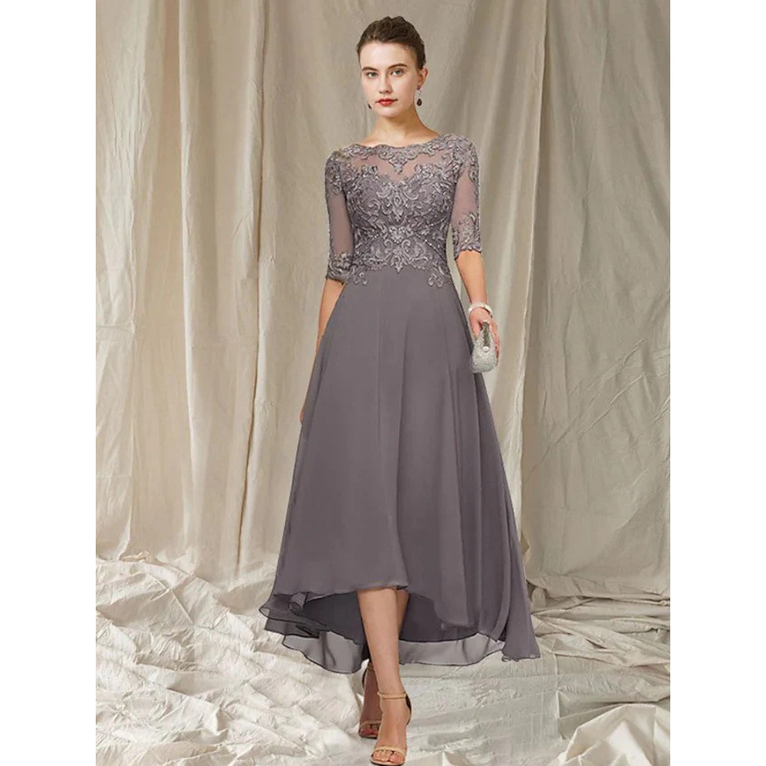 Lace Bodice High-Low Dress | Half Sleeve Chiffon Skirt | Elegant Formal Eveningwear
