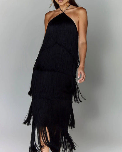 Fringe Halter Maxi Dress | Glamorous Statement Piece | Multicolour