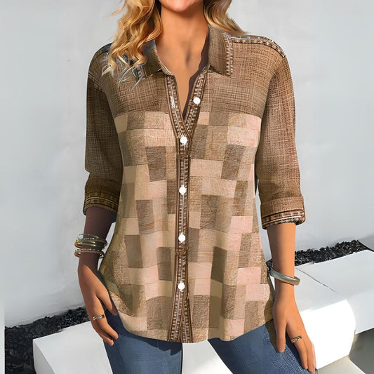 Textured Patchwork Button-Down Shirt | 3/4 Sleeve Casual Blouse | Relaxed Fit