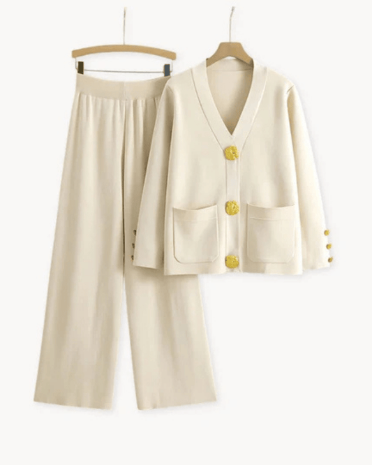 Gold Button Pant Set | Wide-Leg Trousers and Longline Cardigan Blazer