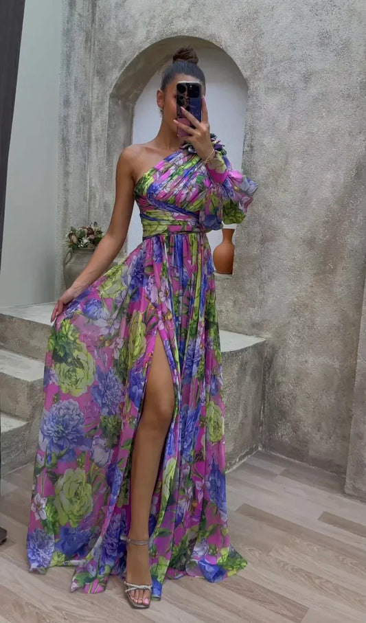 One-Shoulder Floral Gown | High-Slit Chiffon Maxi Dress | Ruched Waist & Draped Sleeve
