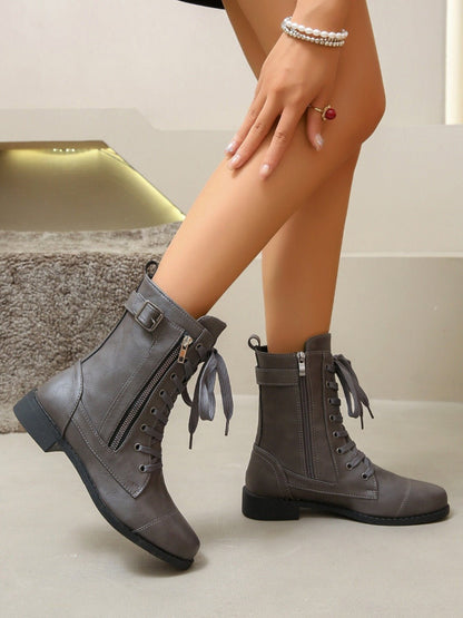 Lace-Up Combat Boots | PU Leather | Low Heel | Everyday Comfort