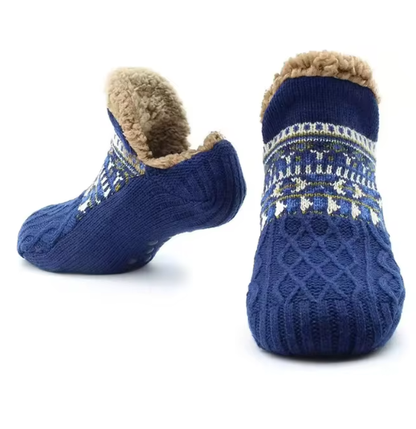 Knit Slipper Socks | Sherpa-Lined Indoor Booties | Fair Isle Pattern & Gripped Sole