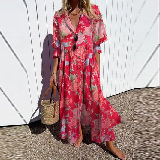 Oversized Floral Shirt Dress | Collared V-Neck | Lightweight Vacation Style