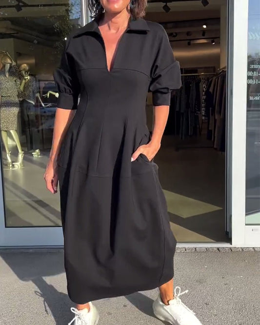 Collared Midi Dress | Relaxed Fit with Pockets and V-Neckline