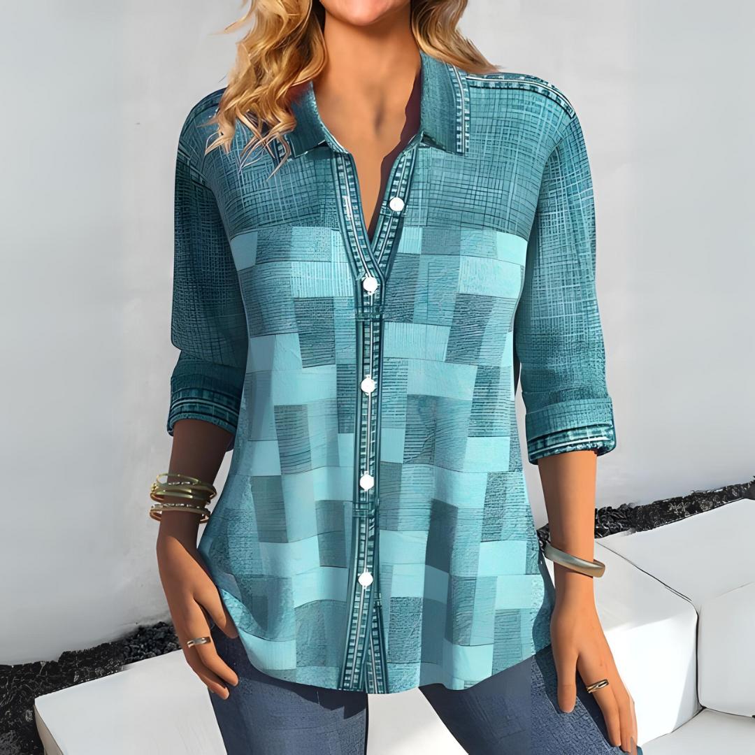 Textured Patchwork Button-Down Shirt | 3/4 Sleeve Casual Blouse | Relaxed Fit