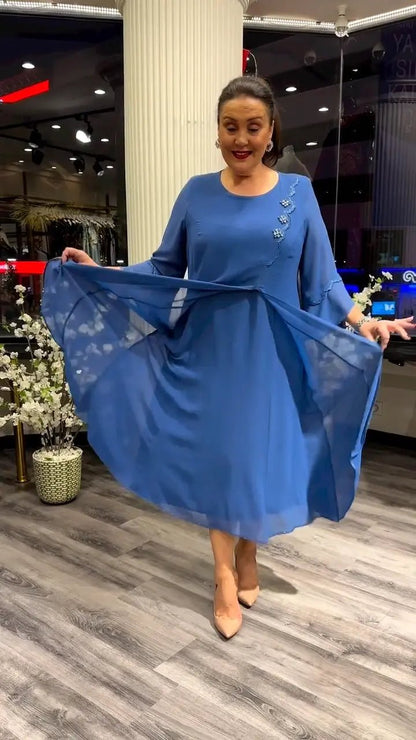 Embellished Chiffon Midi Dress | A-Line Flow | 3/4 Sheer Sleeves