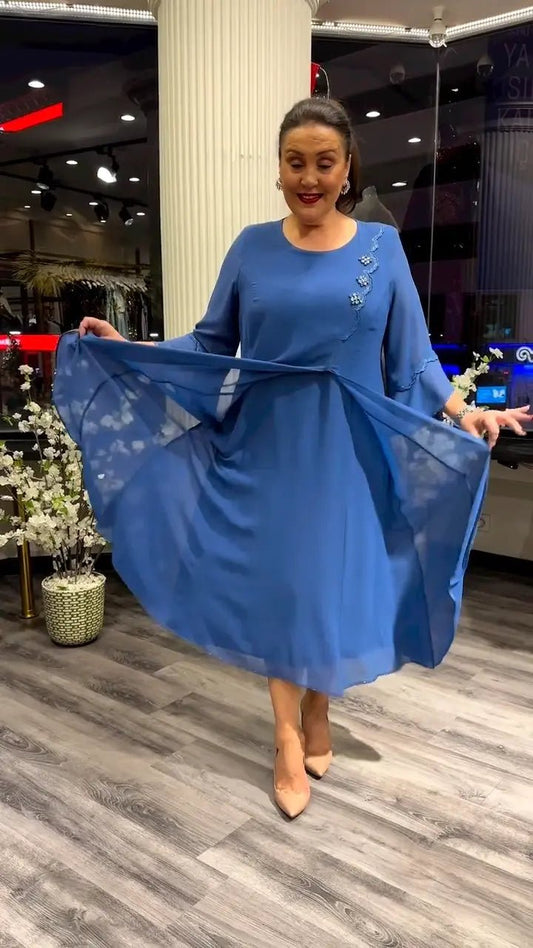 Embellished Chiffon Midi Dress | A-Line Flow | 3/4 Sheer Sleeves